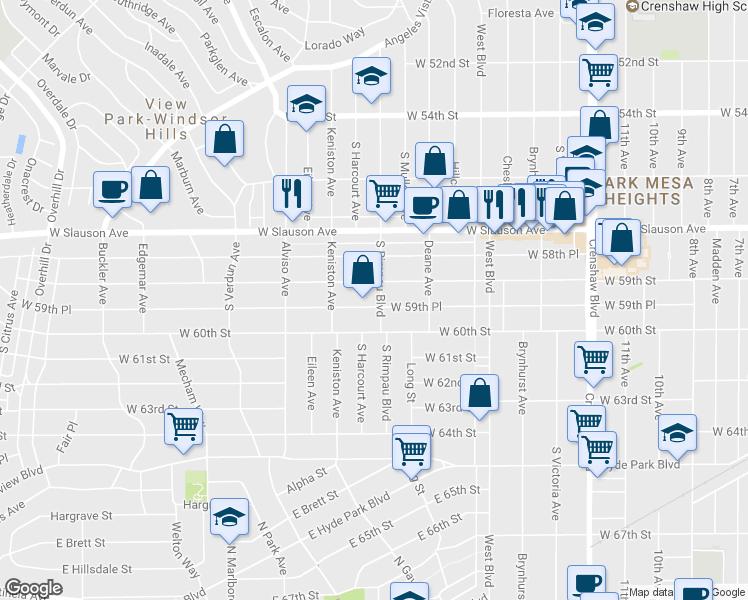 map of restaurants, bars, coffee shops, grocery stores, and more near 3807 West 59th Place in Los Angeles