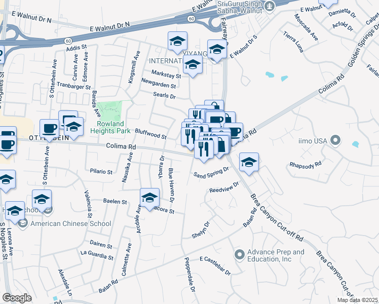 map of restaurants, bars, coffee shops, grocery stores, and more near 19705 Colima Road in Rowland Heights