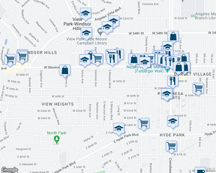 map of restaurants, bars, coffee shops, grocery stores, and more near 3807 West 59th Place in Los Angeles