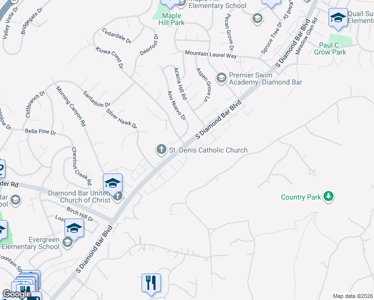 map of restaurants, bars, coffee shops, grocery stores, and more near 2101 Dublin Lane in Diamond Bar