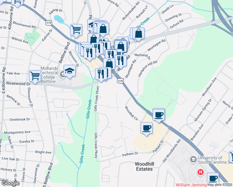 map of restaurants, bars, coffee shops, grocery stores, and more near 163 Promontory Road in Columbia