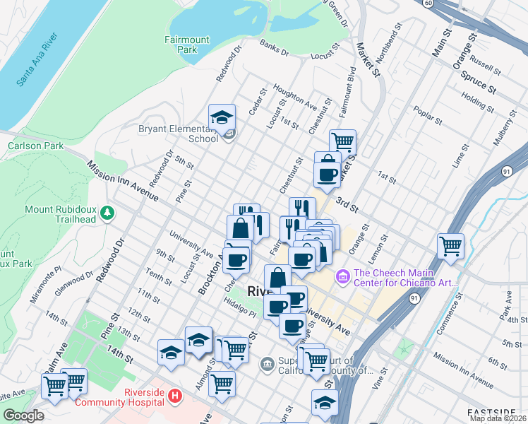map of restaurants, bars, coffee shops, grocery stores, and more near 4039 5th Street in Riverside