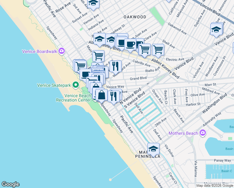 map of restaurants, bars, coffee shops, grocery stores, and more near 218 Venice Way in Los Angeles