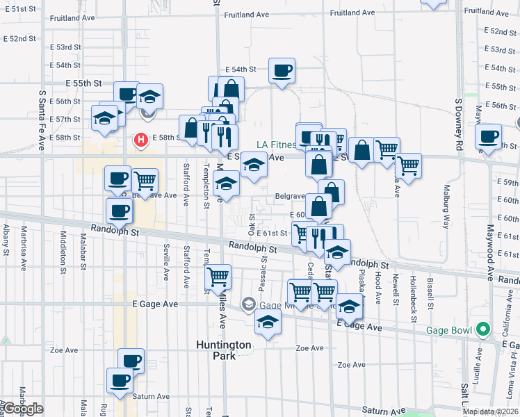 map of restaurants, bars, coffee shops, grocery stores, and more near 2915 East 60th Place in Huntington Park