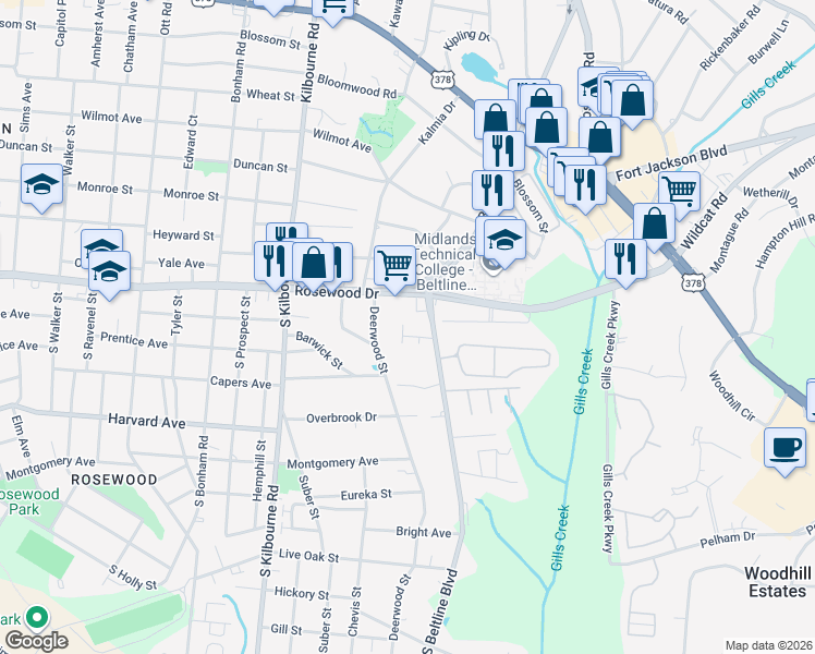 map of restaurants, bars, coffee shops, grocery stores, and more near 36 Magnolia Glen Lane in Columbia