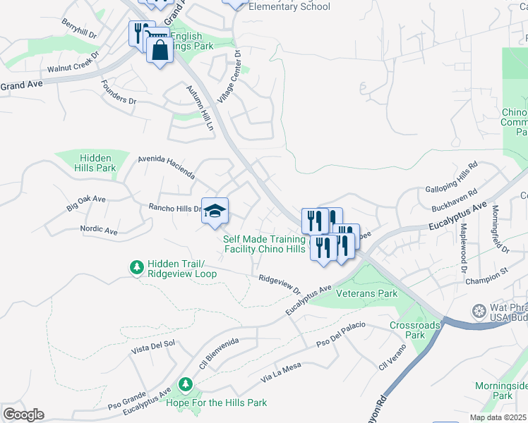 map of restaurants, bars, coffee shops, grocery stores, and more near 14682 Moon Crest Lane in Chino Hills