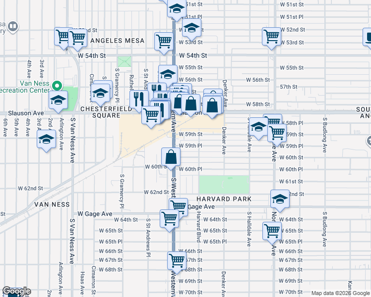map of restaurants, bars, coffee shops, grocery stores, and more near 1732 West 59th Place in Los Angeles