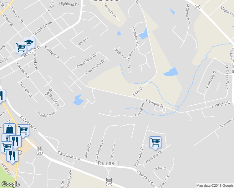 map of restaurants, bars, coffee shops, grocery stores, and more near 240 East Wright Street in Winder