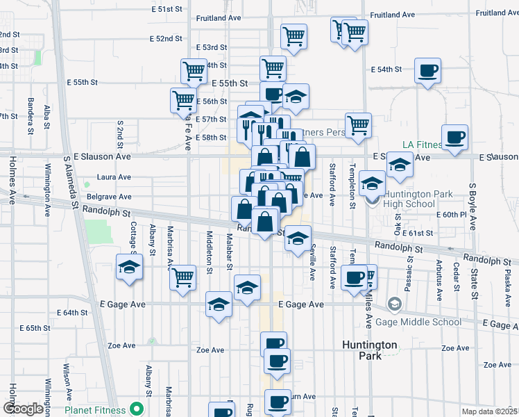 map of restaurants, bars, coffee shops, grocery stores, and more near in Huntington Park