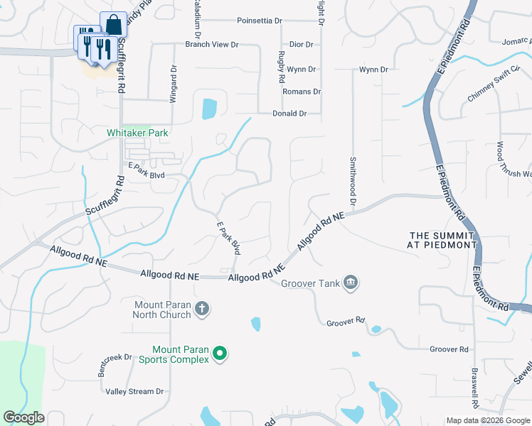 map of restaurants, bars, coffee shops, grocery stores, and more near 1417 Merrifield Lane in Marietta
