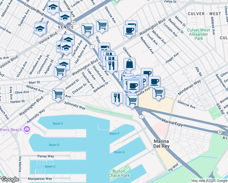 map of restaurants, bars, coffee shops, grocery stores, and more near 3221 Carter Avenue in Marina del Rey