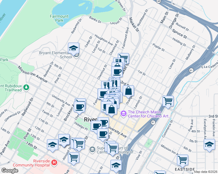 map of restaurants, bars, coffee shops, grocery stores, and more near 3852 4th Street in Riverside