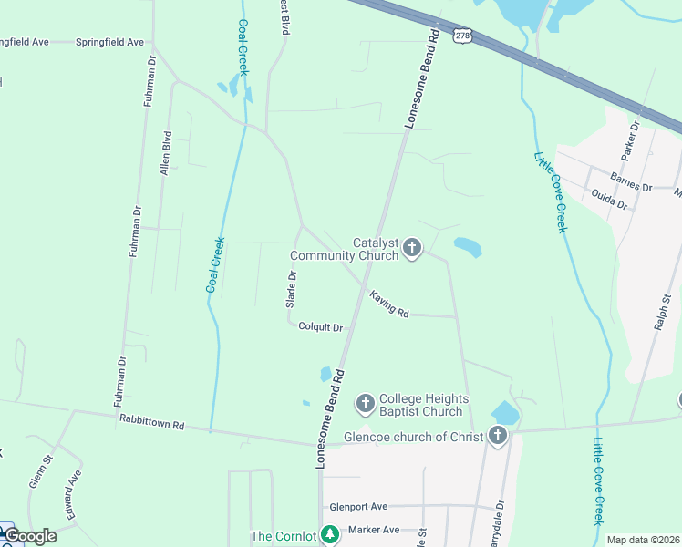 map of restaurants, bars, coffee shops, grocery stores, and more near 104 Kaying Road North in Gadsden