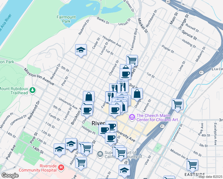 map of restaurants, bars, coffee shops, grocery stores, and more near 3944 4th Street in Riverside