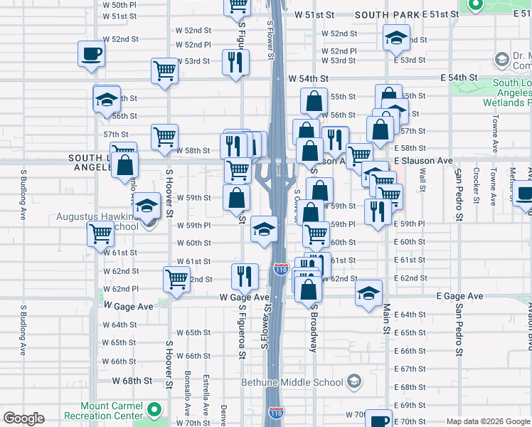 map of restaurants, bars, coffee shops, grocery stores, and more near 5908 South Flower Street in Los Angeles