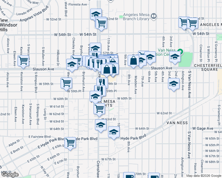 map of restaurants, bars, coffee shops, grocery stores, and more near 3236 West 59th Street in Los Angeles