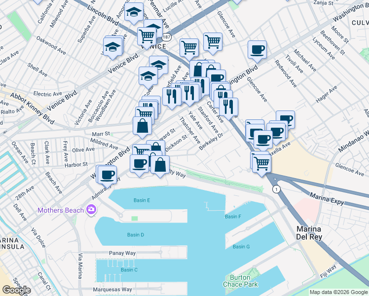 map of restaurants, bars, coffee shops, grocery stores, and more near 907 Burrell Street in Marina del Rey