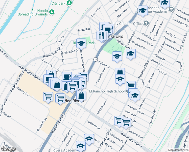 map of restaurants, bars, coffee shops, grocery stores, and more near in Pico Rivera