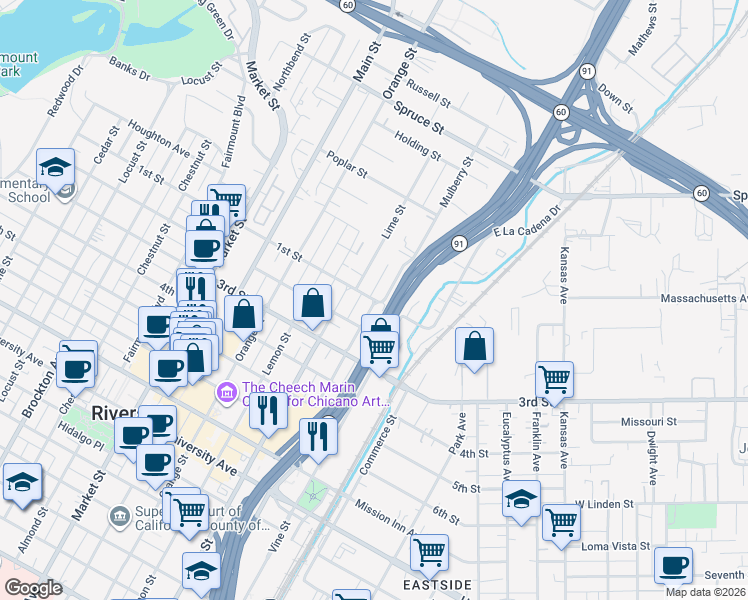map of restaurants, bars, coffee shops, grocery stores, and more near 3110 Mulberry Street in Riverside