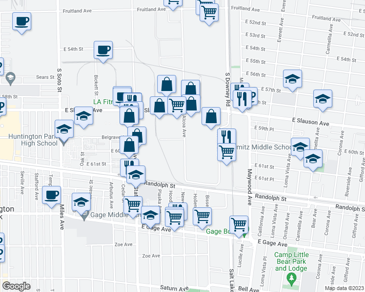 map of restaurants, bars, coffee shops, grocery stores, and more near 6023 Alcoa Avenue in Vernon
