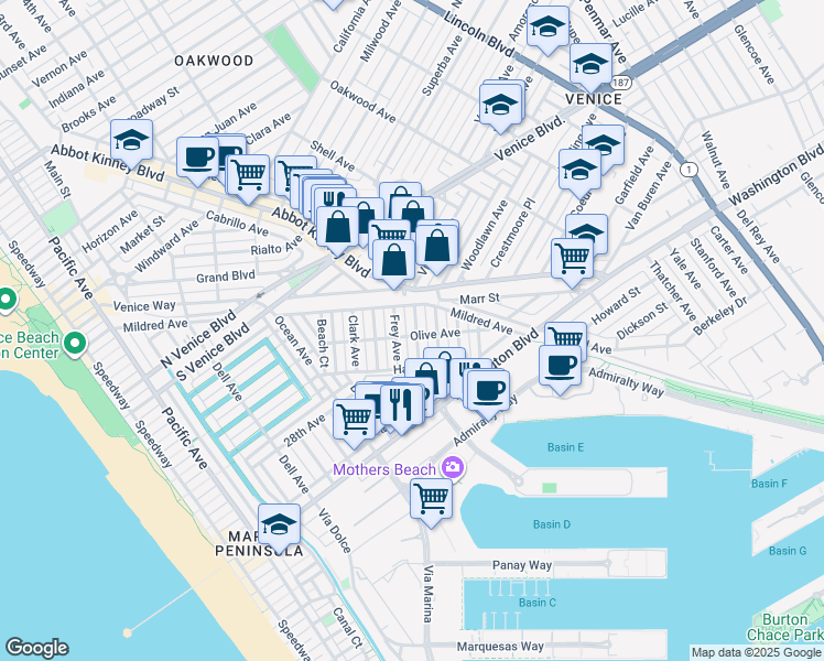 map of restaurants, bars, coffee shops, grocery stores, and more near 2337 Cloy Avenue in Los Angeles