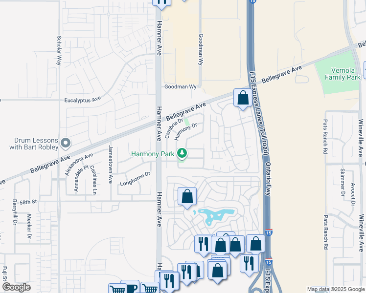 map of restaurants, bars, coffee shops, grocery stores, and more near 5564 Harmony Drive in Eastvale