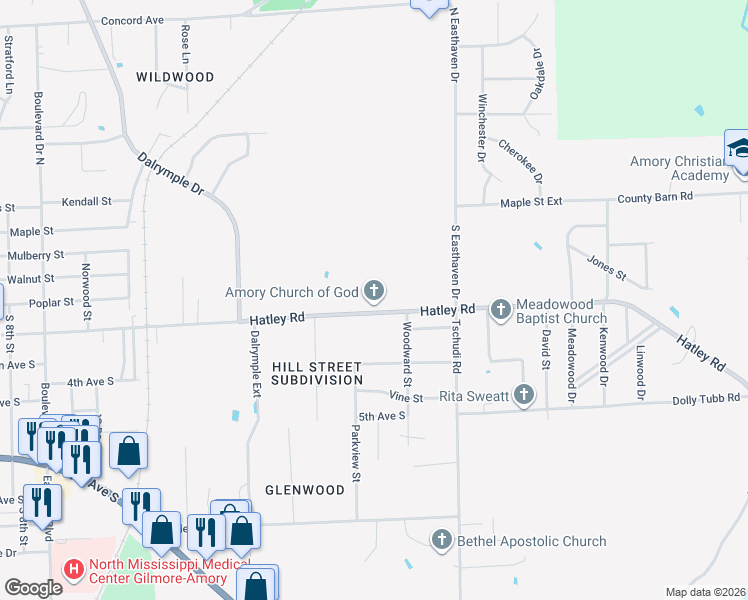 map of restaurants, bars, coffee shops, grocery stores, and more near 1313 Hatley Road in Amory