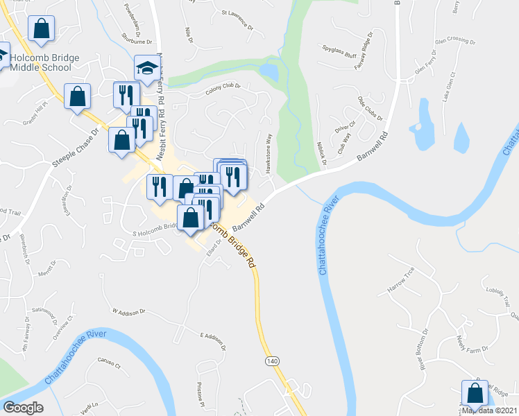 map of restaurants, bars, coffee shops, grocery stores, and more near 1618 Barnwell Road in Johns Creek
