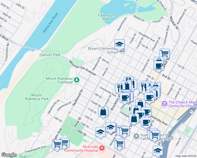map of restaurants, bars, coffee shops, grocery stores, and more near 4426 Mission Inn Avenue in Riverside