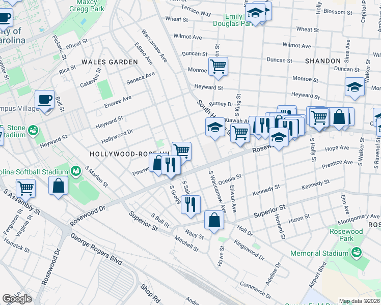 map of restaurants, bars, coffee shops, grocery stores, and more near 306 South Edisto Avenue in Columbia