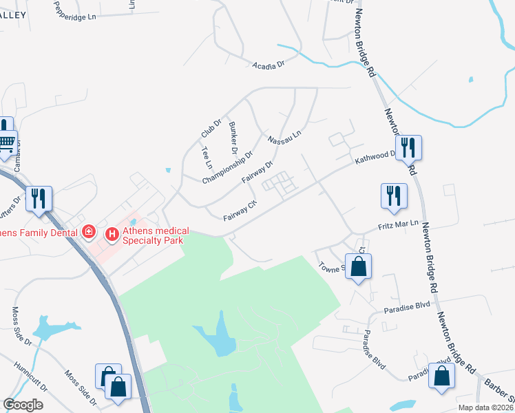 map of restaurants, bars, coffee shops, grocery stores, and more near 174 Fairway Circle in Athens