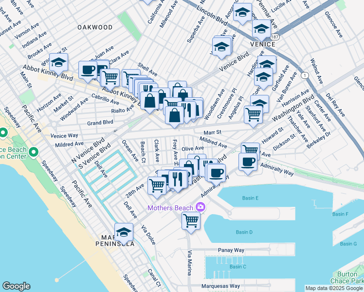 map of restaurants, bars, coffee shops, grocery stores, and more near 2337 Cloy Avenue in Los Angeles