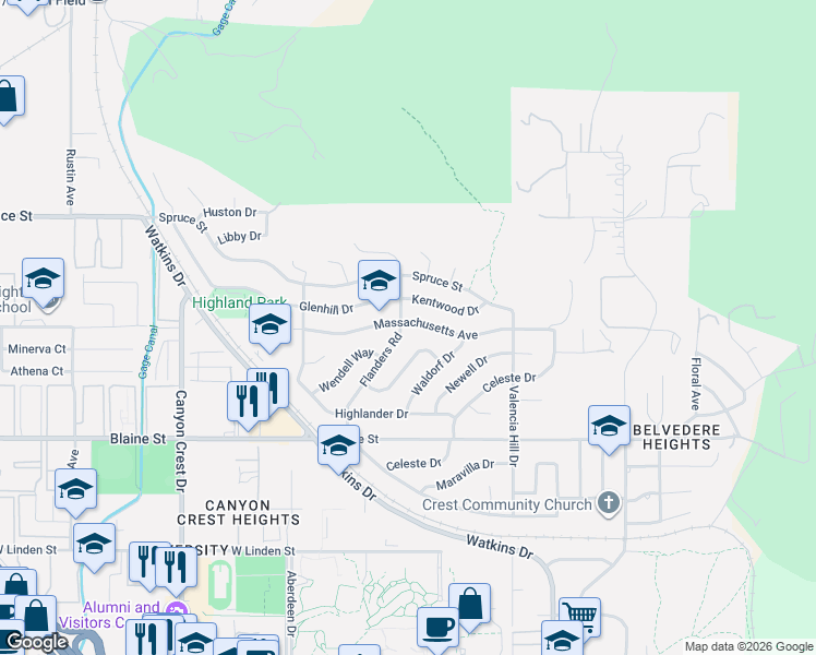 map of restaurants, bars, coffee shops, grocery stores, and more near 513 Massachusetts Avenue in Riverside