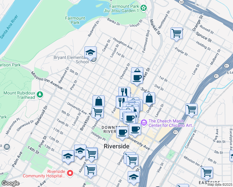 map of restaurants, bars, coffee shops, grocery stores, and more near 3944 4th Street in Riverside