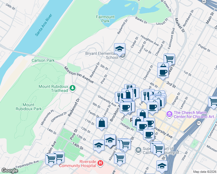 map of restaurants, bars, coffee shops, grocery stores, and more near 4352 6th Street in Riverside