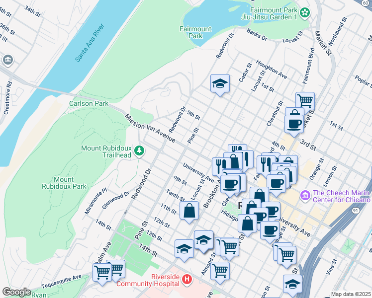 map of restaurants, bars, coffee shops, grocery stores, and more near 4426 Mission Inn Avenue in Riverside