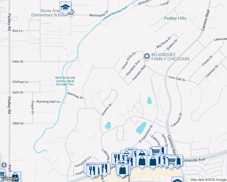 map of restaurants, bars, coffee shops, grocery stores, and more near 5560 Greens Drive in Riverside