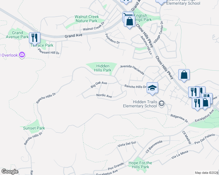 map of restaurants, bars, coffee shops, grocery stores, and more near 14640 Deep Creek Court in Chino Hills