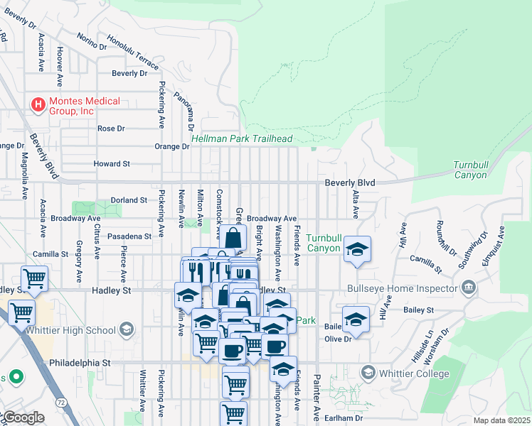 map of restaurants, bars, coffee shops, grocery stores, and more near 6037 Bright Avenue in Whittier