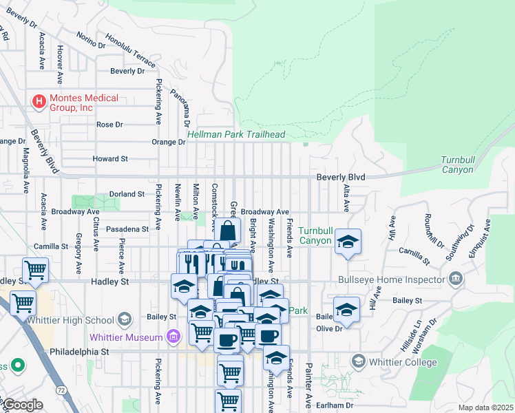 map of restaurants, bars, coffee shops, grocery stores, and more near 6037 Bright Avenue in Whittier