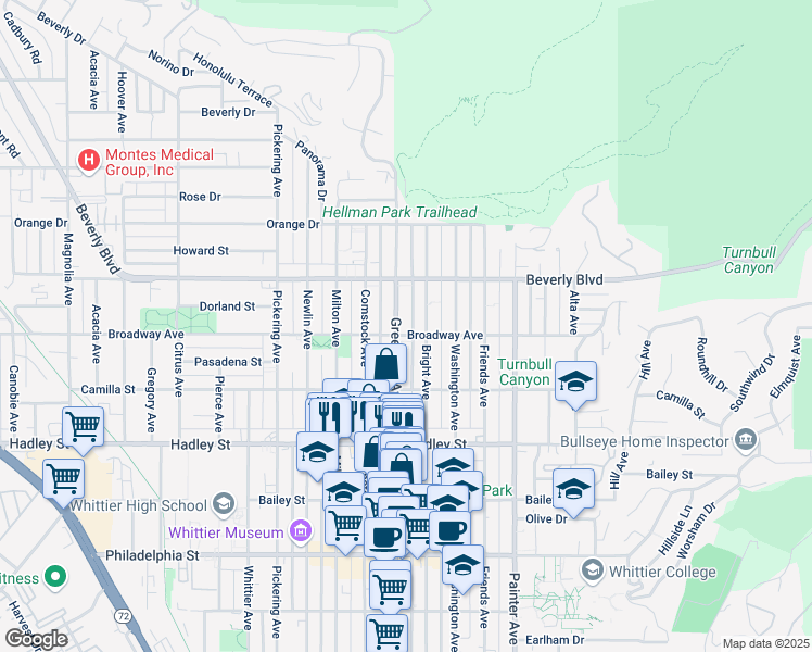 map of restaurants, bars, coffee shops, grocery stores, and more near 6037 Bright Avenue in Whittier
