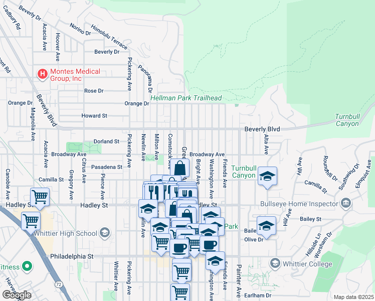 map of restaurants, bars, coffee shops, grocery stores, and more near 6037 Bright Avenue in Whittier