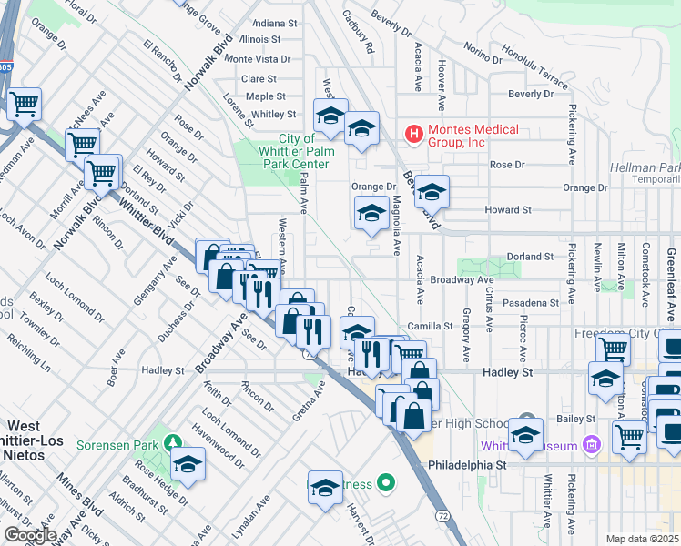 map of restaurants, bars, coffee shops, grocery stores, and more near 6041 Canobie Avenue in Whittier