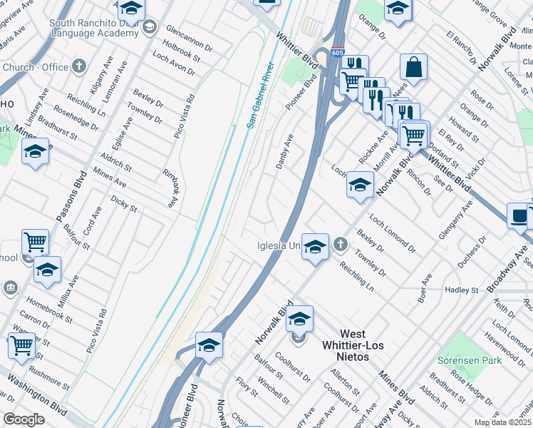 map of restaurants, bars, coffee shops, grocery stores, and more near 10422 Reichling Lane in Whittier
