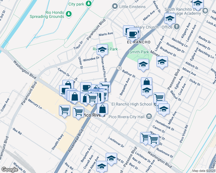 map of restaurants, bars, coffee shops, grocery stores, and more near in Pico Rivera