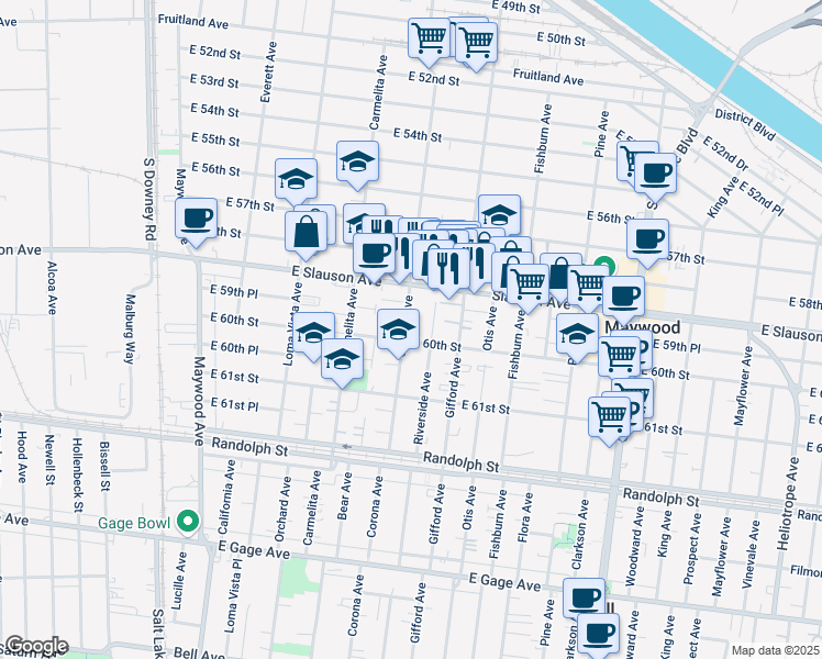 map of restaurants, bars, coffee shops, grocery stores, and more near 5953 Riverside Avenue in Huntington Park