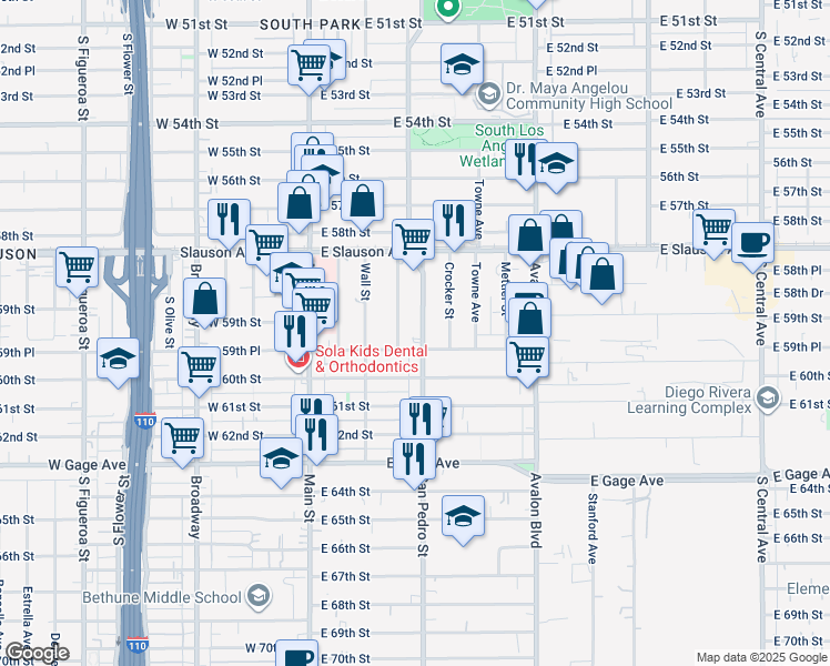 map of restaurants, bars, coffee shops, grocery stores, and more near 5916 South Los Angeles Street in Los Angeles