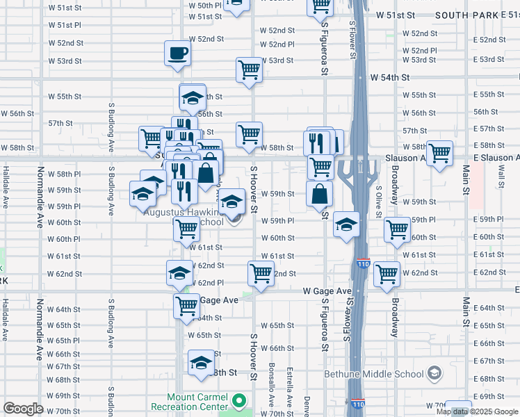 map of restaurants, bars, coffee shops, grocery stores, and more near 5910 South Hoover Street in Los Angeles