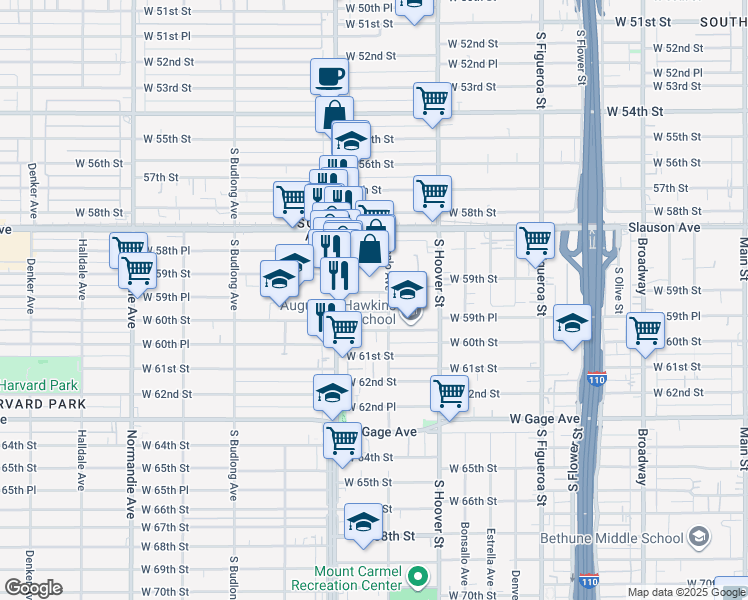 map of restaurants, bars, coffee shops, grocery stores, and more near 5850 South Vermont Avenue in Los Angeles