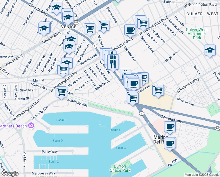 map of restaurants, bars, coffee shops, grocery stores, and more near 1116 Berkeley Drive in Los Angeles